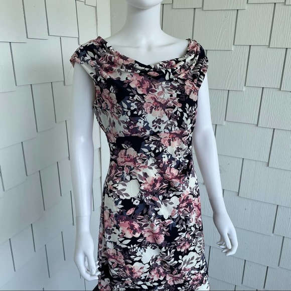 Connected Apparel Women's Pink Multi Floral Short Sleeve Cowl Neck Dress sz 6P - Picture 3 of 5